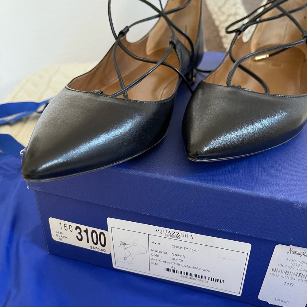 Aquazzura Christy Lace-Up Pointed-Toe Black Flats - Picture 6 of 14